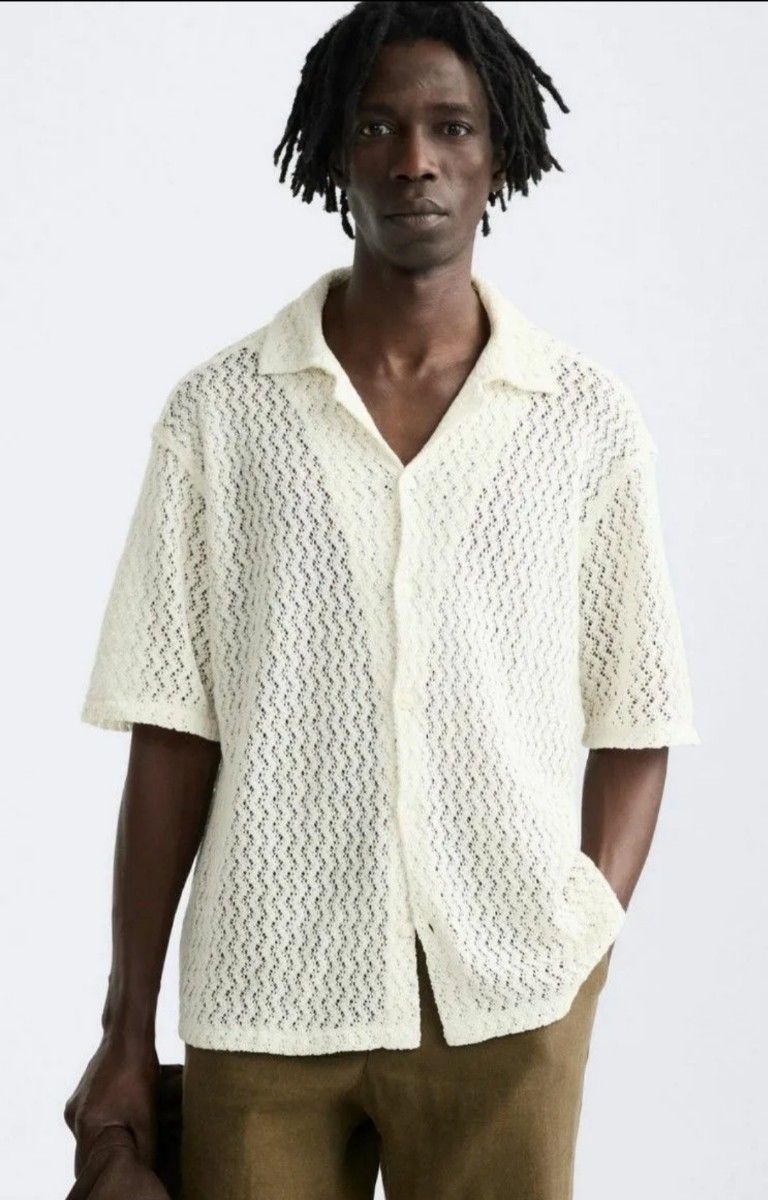 ★ドイツ発*ZARA*新作*ジオメトリック刺繍半袖シャツ/BEIGE★ ジオメトリック ジャカードシャツ 透かし編み Lサイズ ザラ