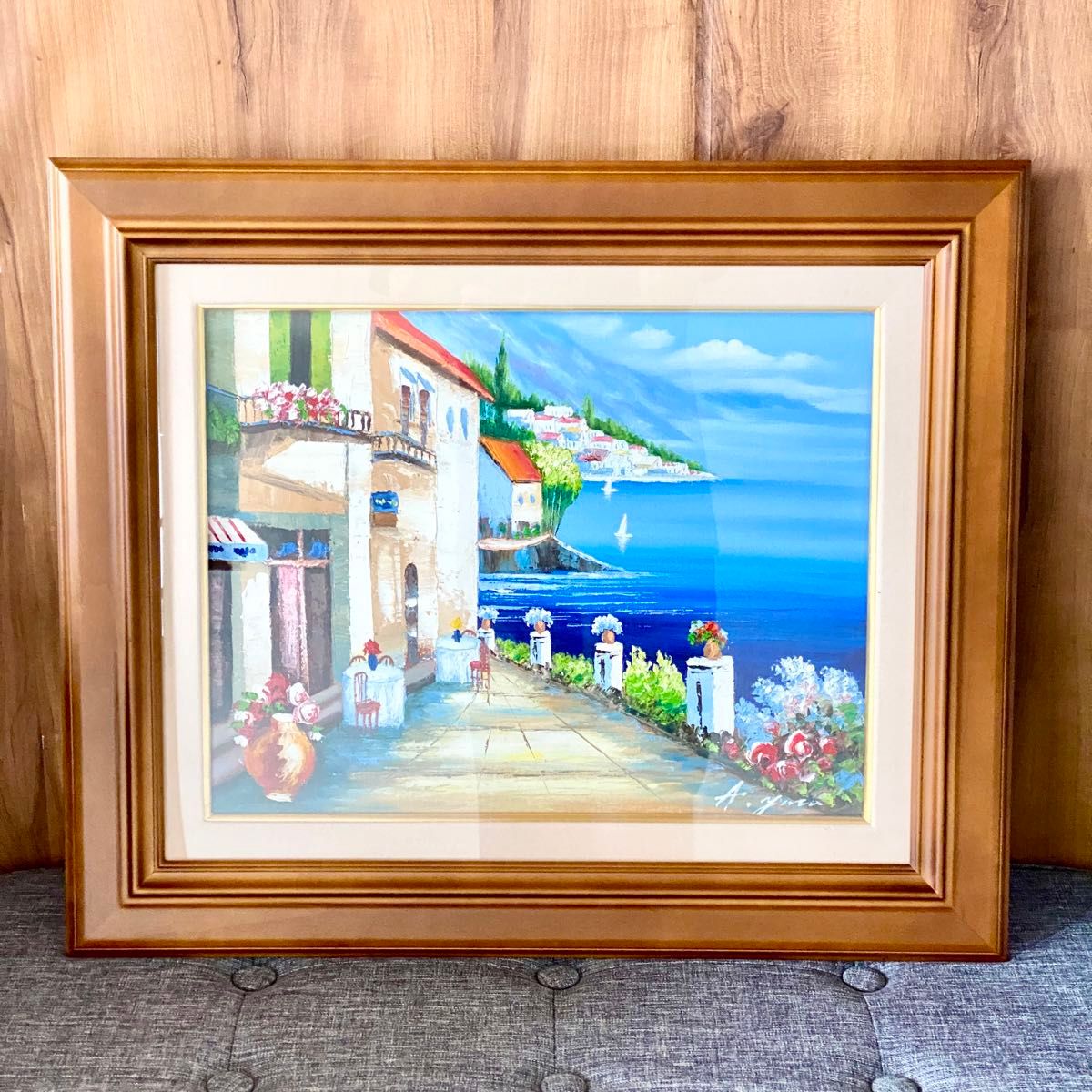 肉筆絵画 油彩画 手描き油絵 F6号「海の見えるカフェ通り」矢田 肉筆絵画 油彩画 手描き油絵 F6号「海の見えるカフェ通り」矢田