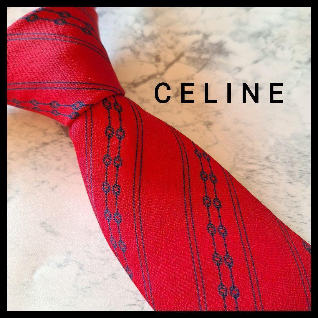 CELINE セリーヌ シルクネクタイ ストライプ レッド 赤 勝負 CELINE セリーヌ シルクネクタイ ストライプ レッド 赤 勝負