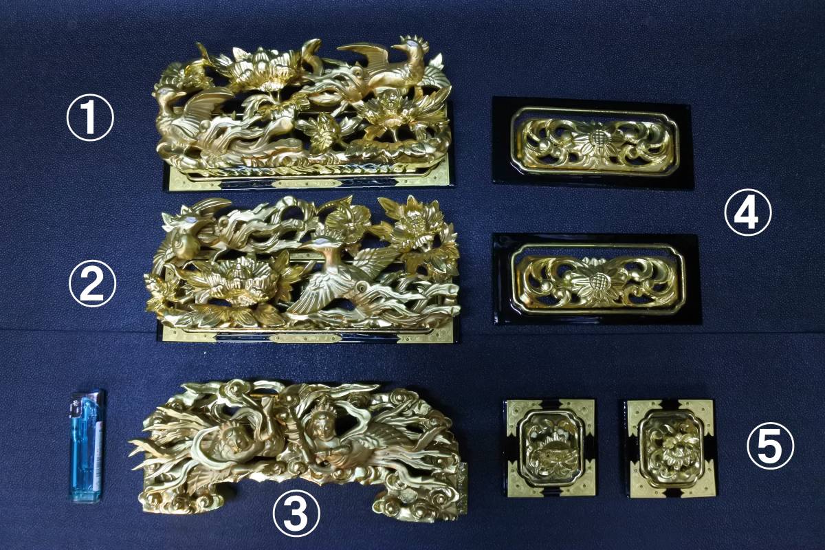 【収集品】彫り物　7個入　純金箔　木製　仏壇　天女　鳳凰　伝統　手彫品　芸術品　装飾品（0901E-1）M　920