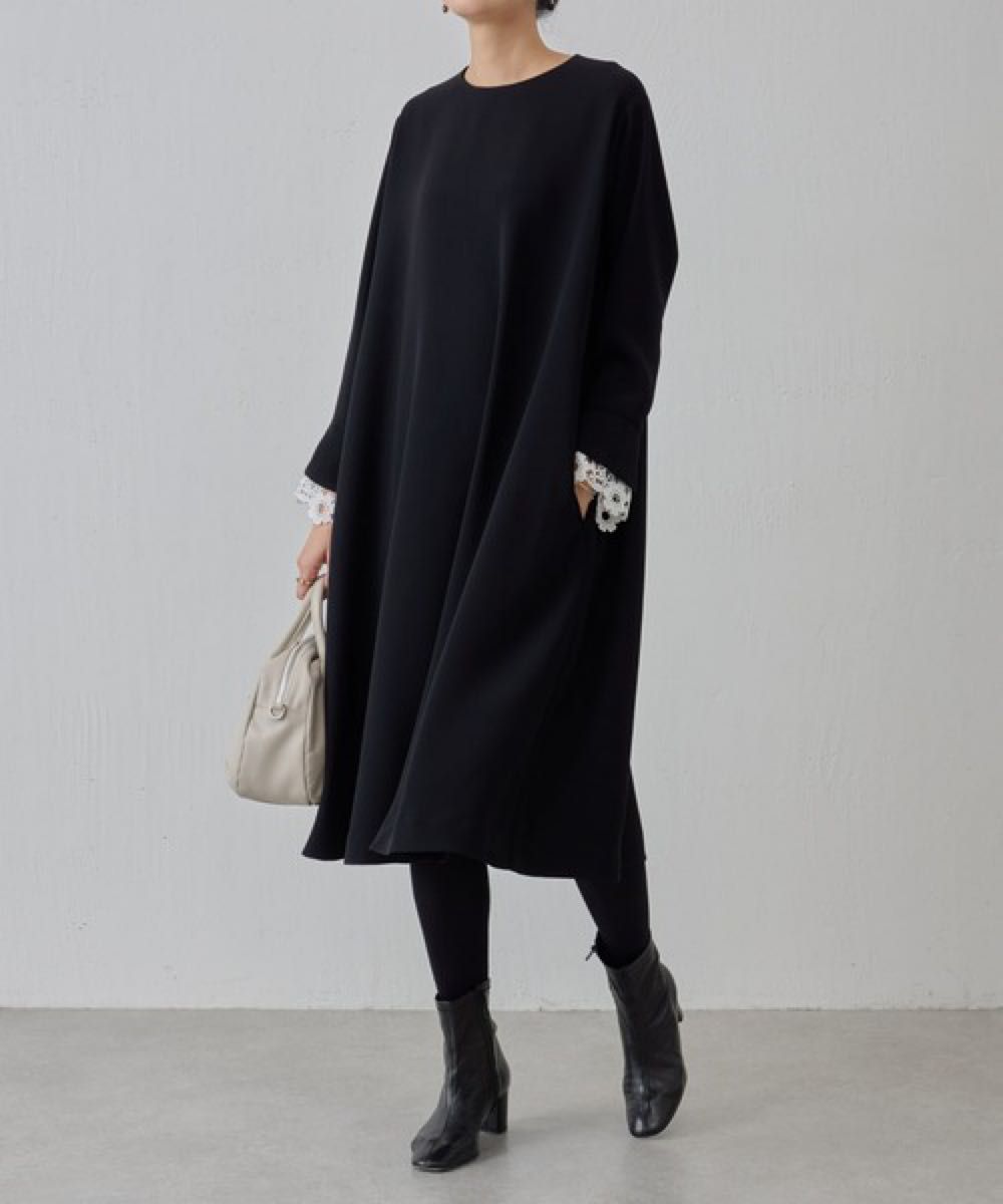 BEARDSLEY ビアズリー 袖口レースワンピース ブラック 黒 長袖 BEARDSLEY ビアズリー 袖口レースワンピース ブラック 黒 長袖