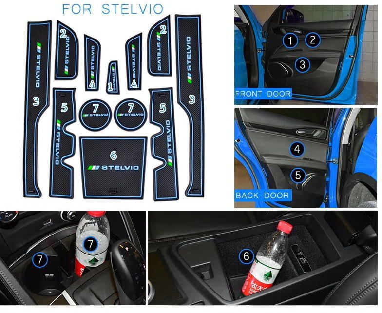 [1点のみ]アルファロメオ ステルヴィオ(Stelvio)用 ロゴ入り 収納ポケット7箇所分 ラバーマットセット 文字色：ブルー_画像2