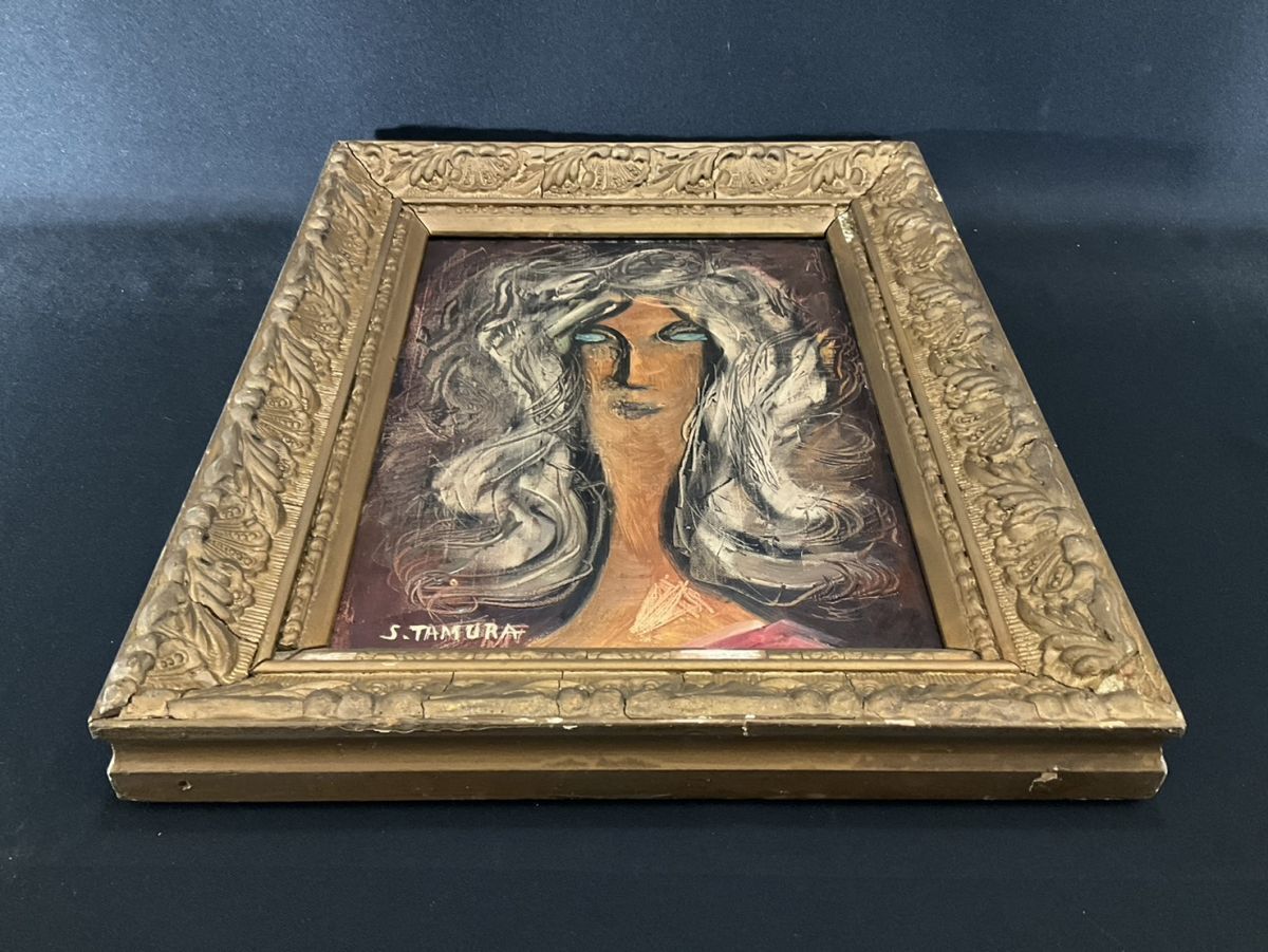 真作 油彩 田村進一 女性の顔図 独特な雰囲気のある逸品 額付 真作 油彩 田村進一 女性の顔図 独特な雰囲気のある逸品 額付