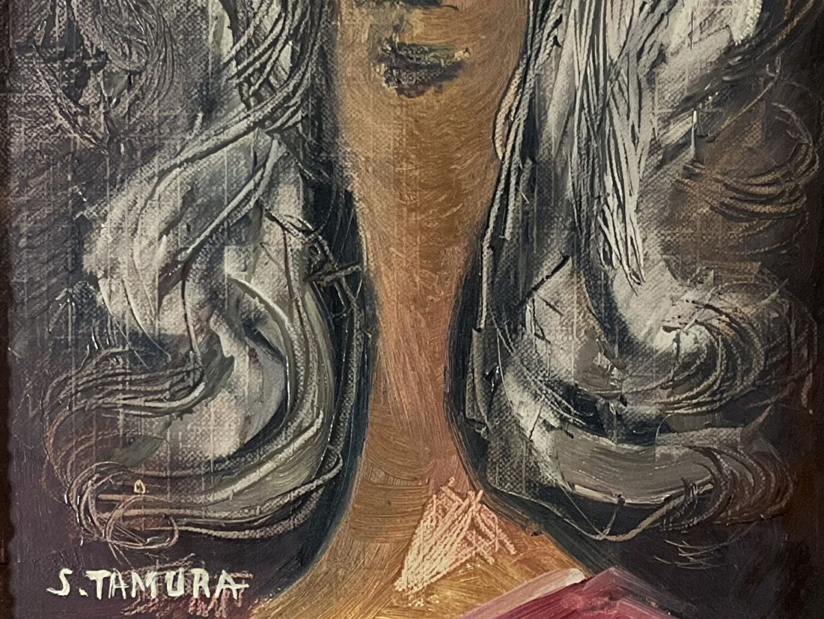真作 油彩 田村進一 女性の顔図 独特な雰囲気のある逸品 額付 真作 油彩 田村進一 女性の顔図 独特な雰囲気のある逸品 額付