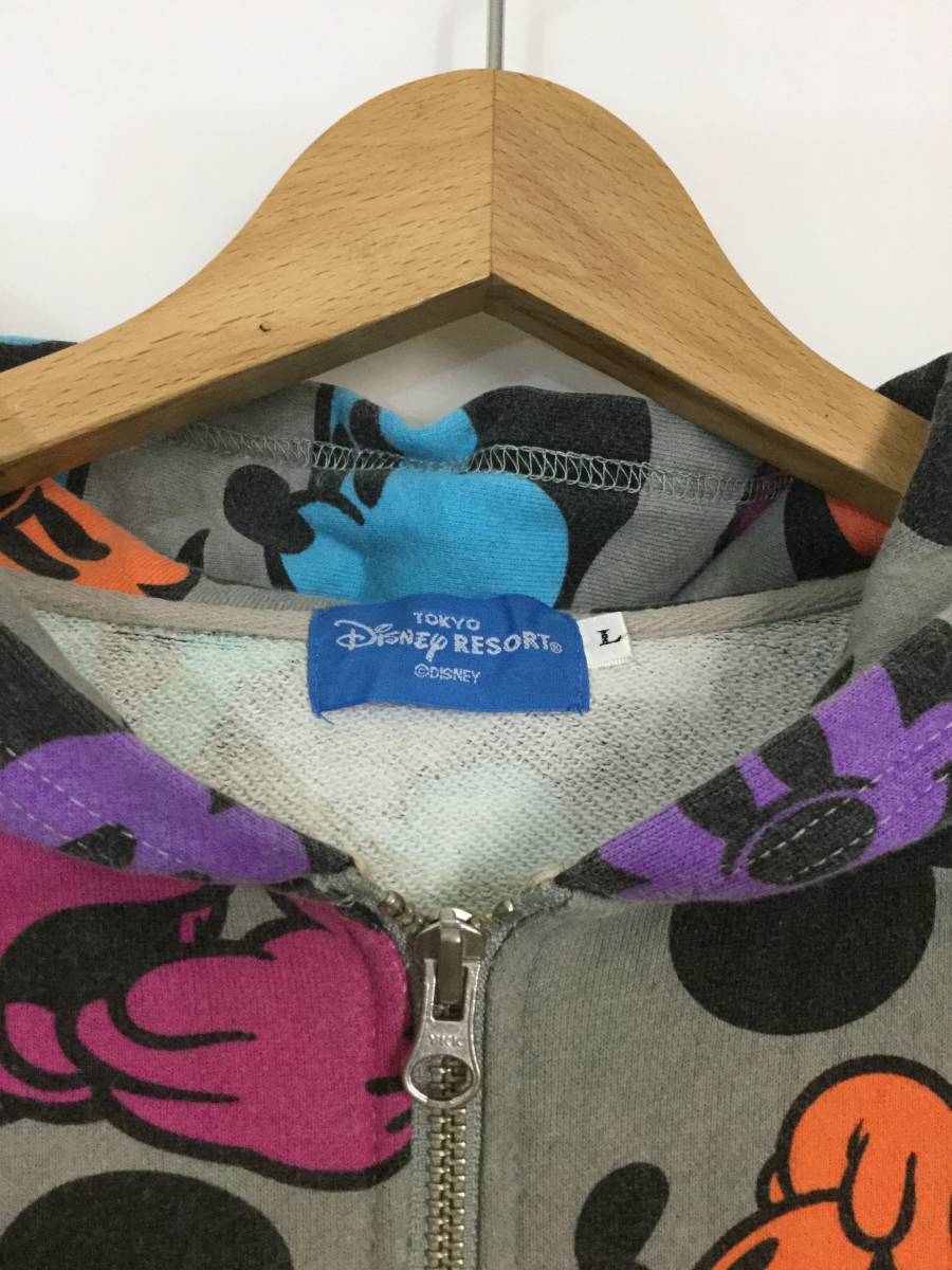 ★ TOKYO Disney RESORT カラフル ミッキーマウス いろんな顔 総柄 フルジップパーカー L グレー ジップアップ フーディー_画像3