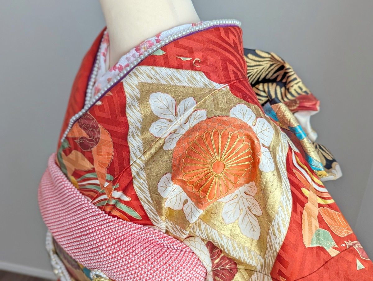 美品 振袖 フルセット 身丈163 正絹 furisode 紅色 刺繍衿 red 美品 振袖 フルセット 身丈163 正絹 furisode 紅色 刺繍衿 red