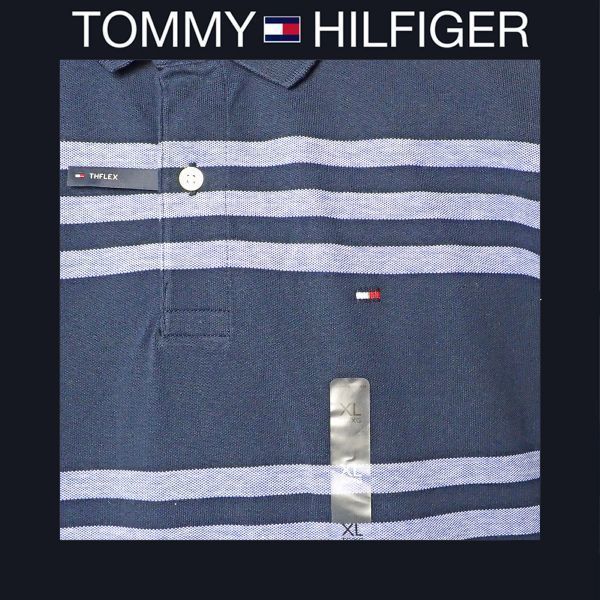 送料込 新品！ Tommy Hilfiger トミーヒルフィガー US XL 半袖ポロシャツ ネイビー & ブルー SLIM FIT #851TC_画像4