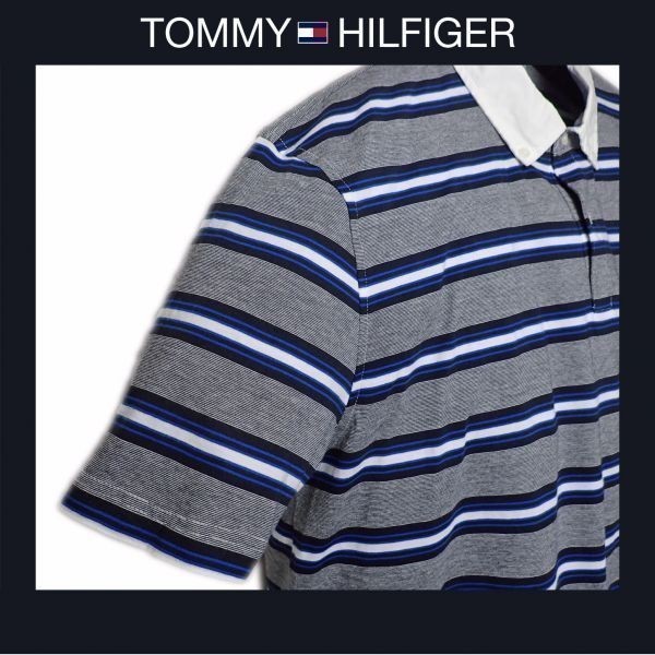 送料込 新品！ Tommy Hilfiger トミーヒルフィガー US XXLサイズ 半袖ポロシャツ グレー、ネイビー、ブルー ＆ ホワイト ボーダー #663_画像2