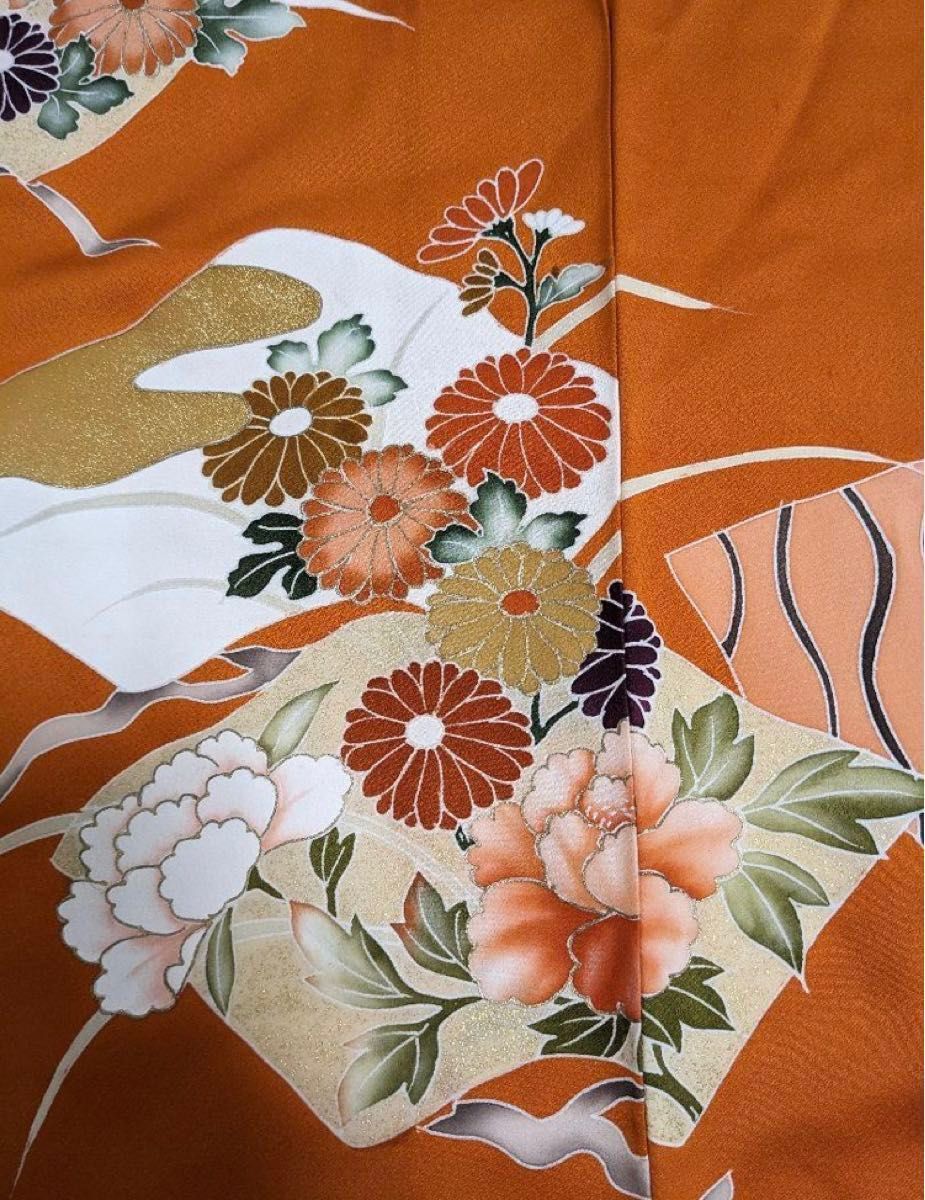 オレンジ扇面の地紙に花々 着物リメイクワンピース 色留袖ドレス オレンジ扇面の地紙に花々 着物リメイクワンピース 色留袖ドレス