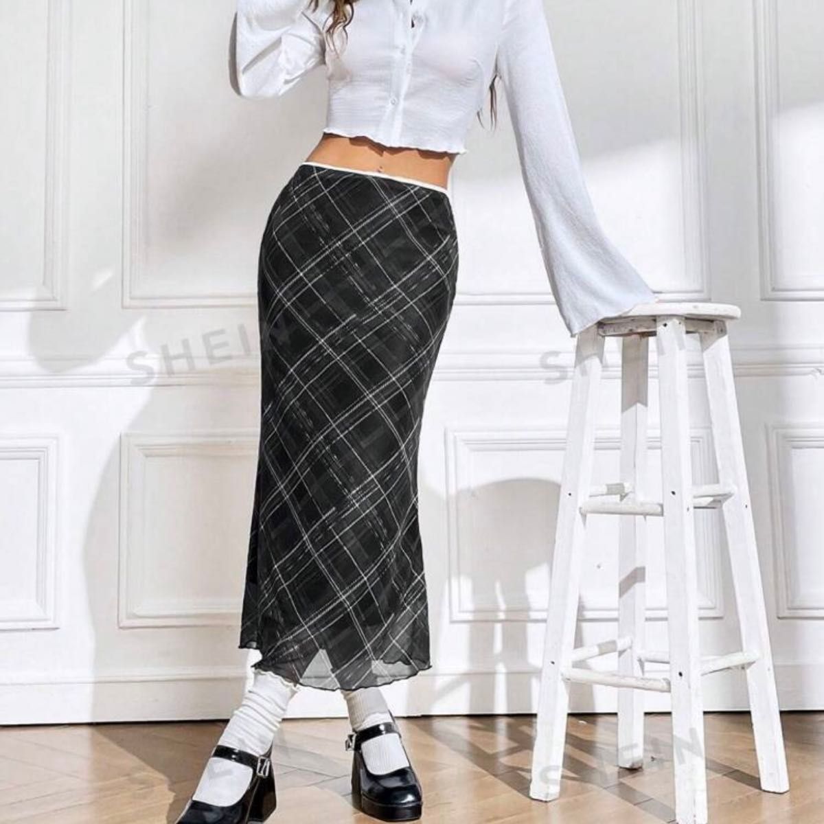 SHEIN EZwear 格子縞プリント レタストリム マーメイドヘム SHEIN EZwear 格子縞プリント レタストリム マーメイドヘム