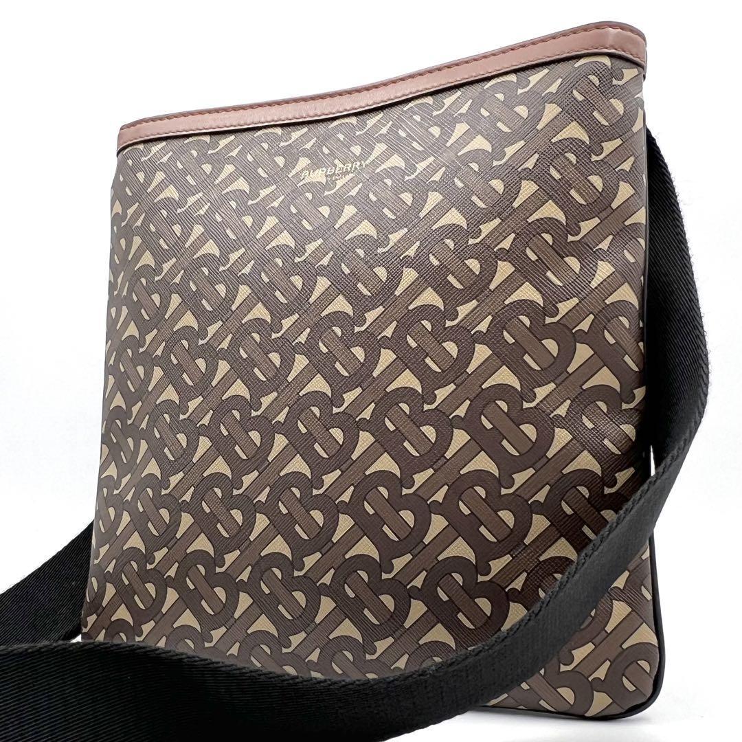 《美品》現行BURBERRY バーバリー メンズ TBロゴ モノグラム クロスボディ ショルダーバッグ サコッシュ レザー PVC 斜め掛け