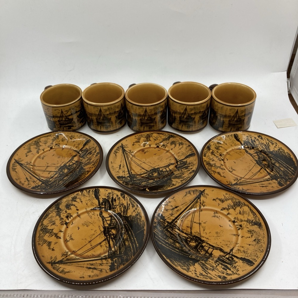 昭和レトロ　カップ　ソーサー?。悼庭互氓取★L(fēng)景　黃色　キャラメル　ブラウン　食器　★K2581W