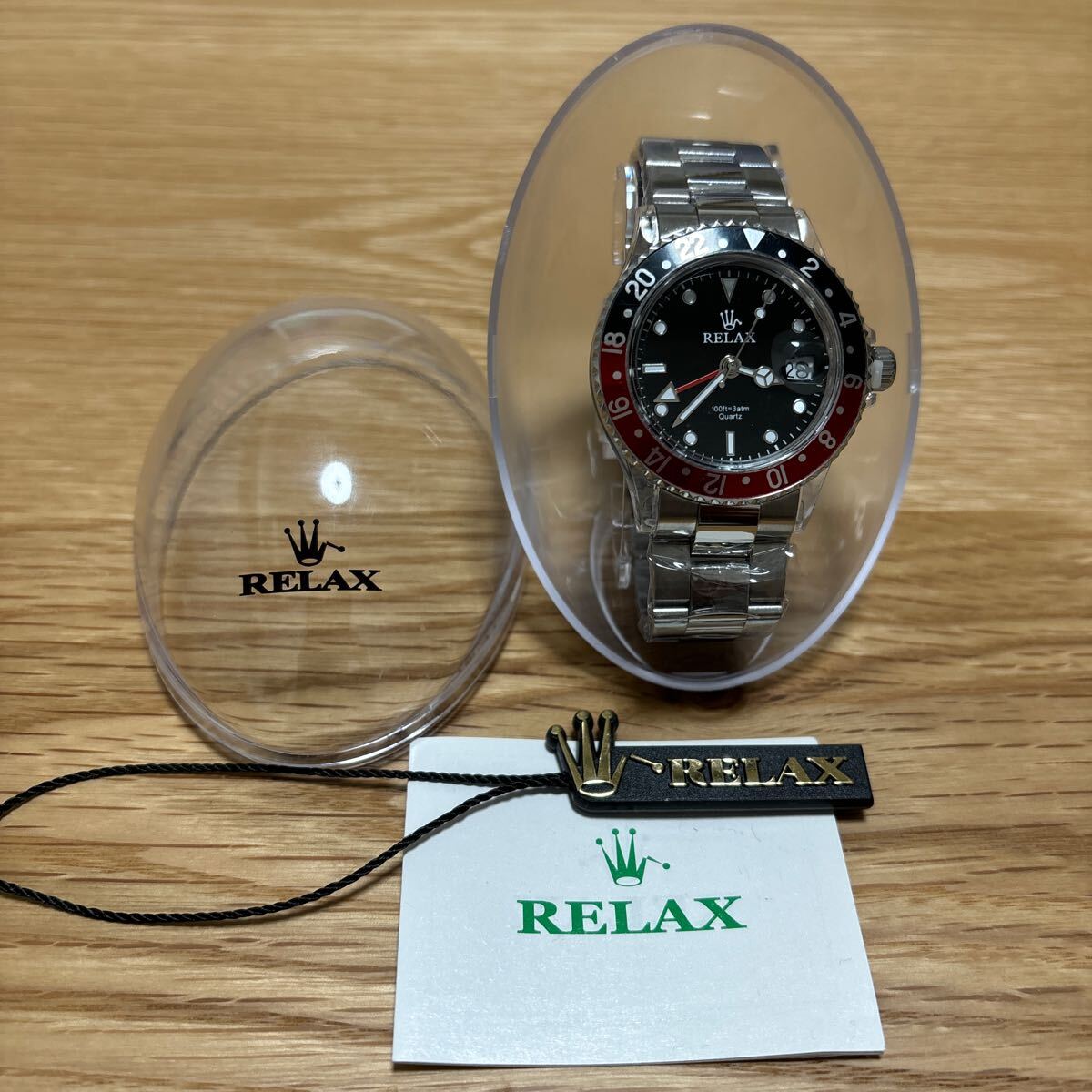 RELAX腕時計 GMT 王冠折れロゴ 黒×赤 人気モデル