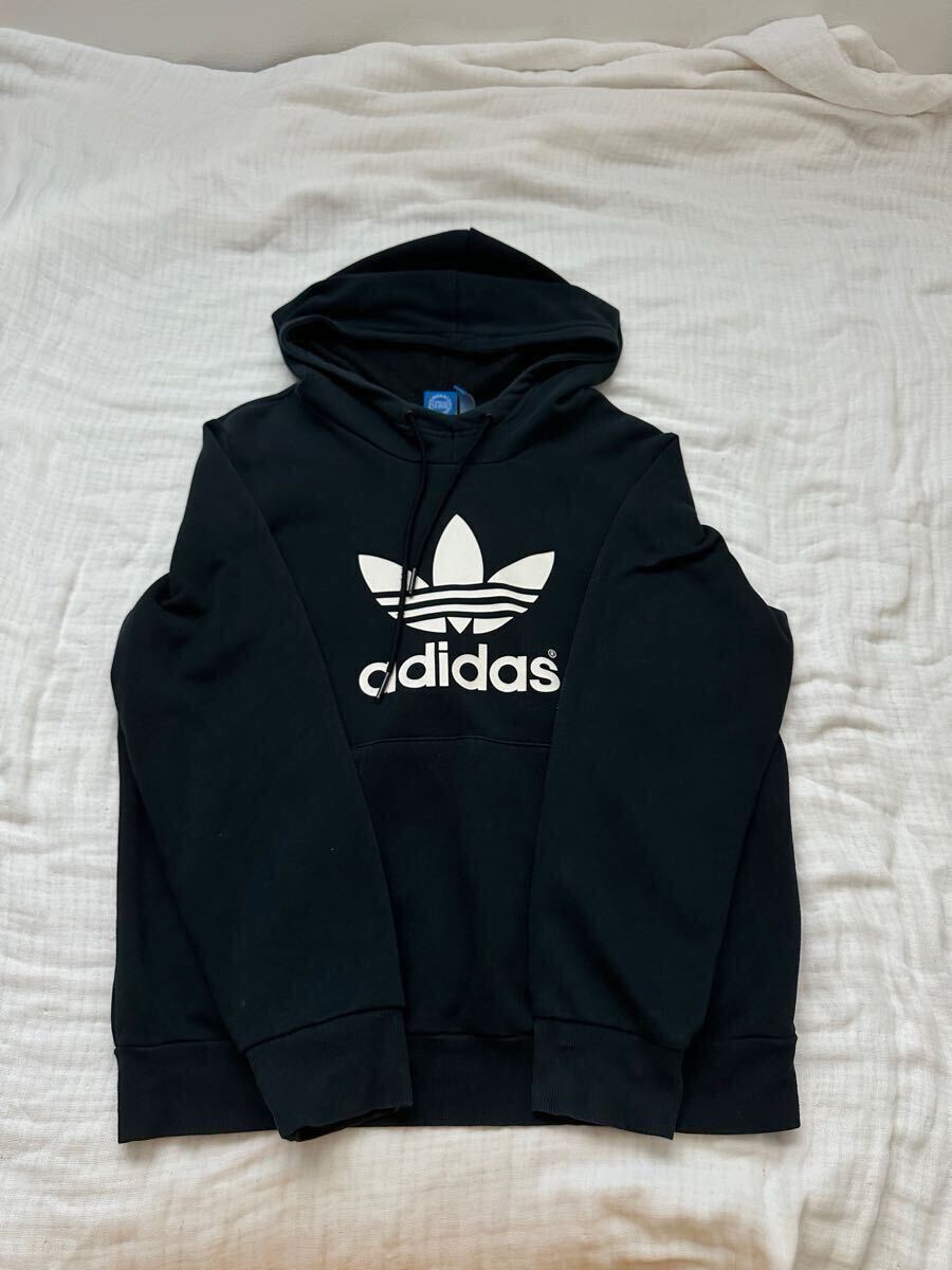 L/古着 アディダス adidas 長袖 スウェット パーカー メンズ ビッグロゴ リーフ トレフォイル コットン 黒 ブラック 24feb06 中古 スエ