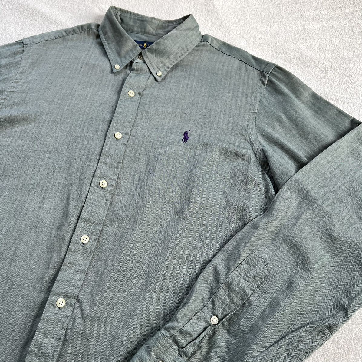 Ralph Lauren ラルフローレン 長袖 シャツ L グリーン ヘリンボーン ポニー刺繍 ボタンダウン 大きいサイズ_画像7