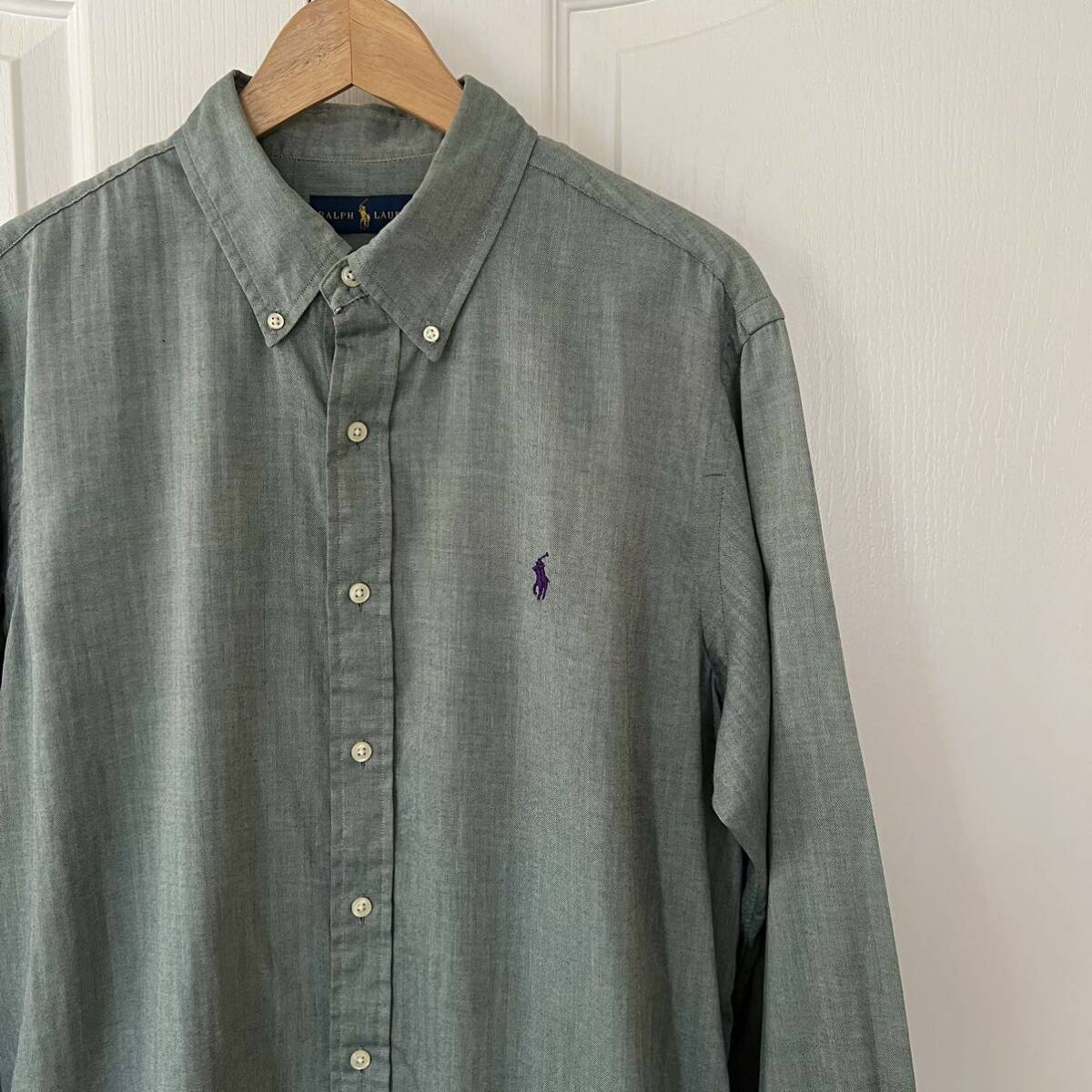 Ralph Lauren ラルフローレン 長袖 シャツ L グリーン ヘリンボーン ポニー刺繍 ボタンダウン 大きいサイズ_画像2