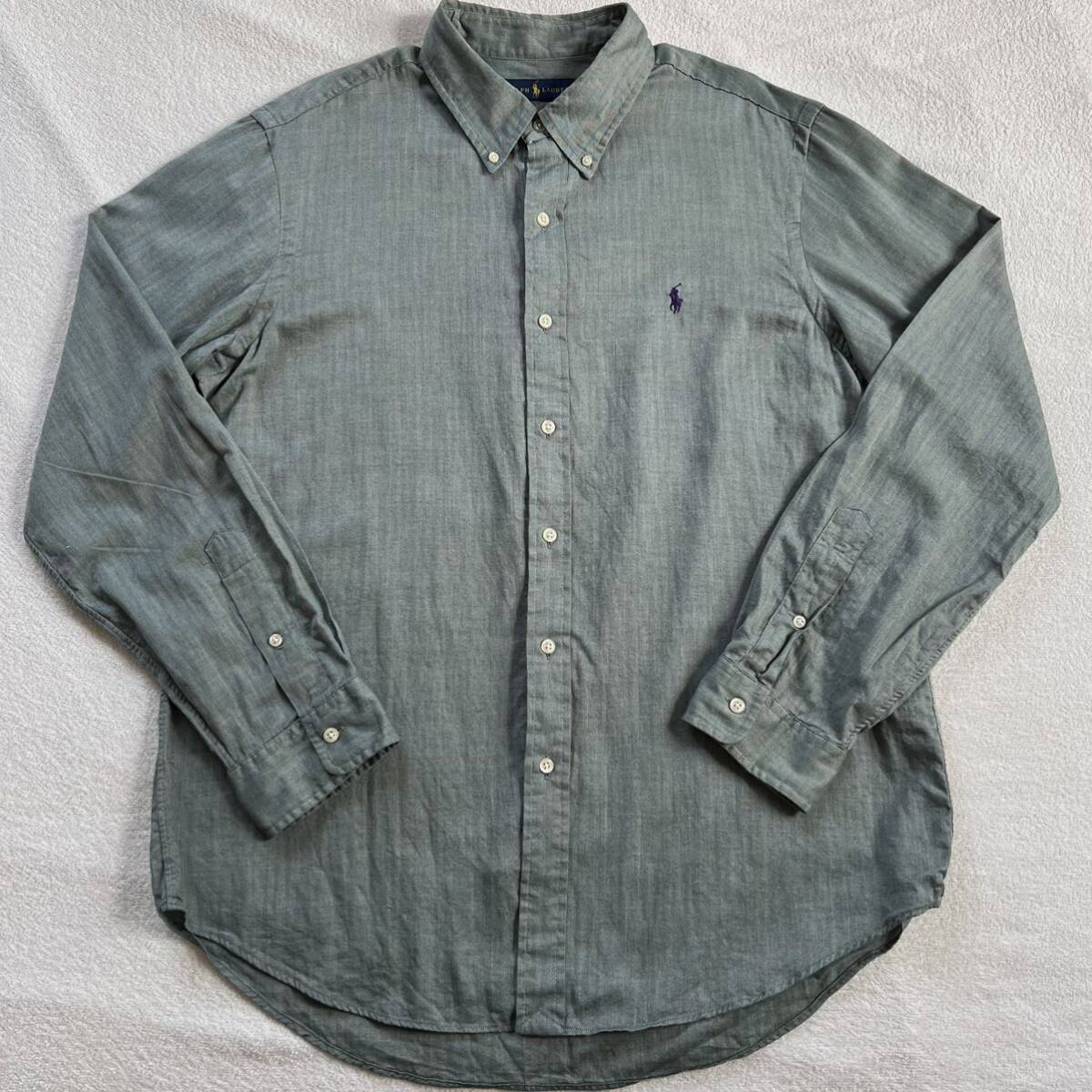 Ralph Lauren ラルフローレン 長袖 シャツ L グリーン ヘリンボーン ポニー刺繍 ボタンダウン 大きいサイズ_画像5