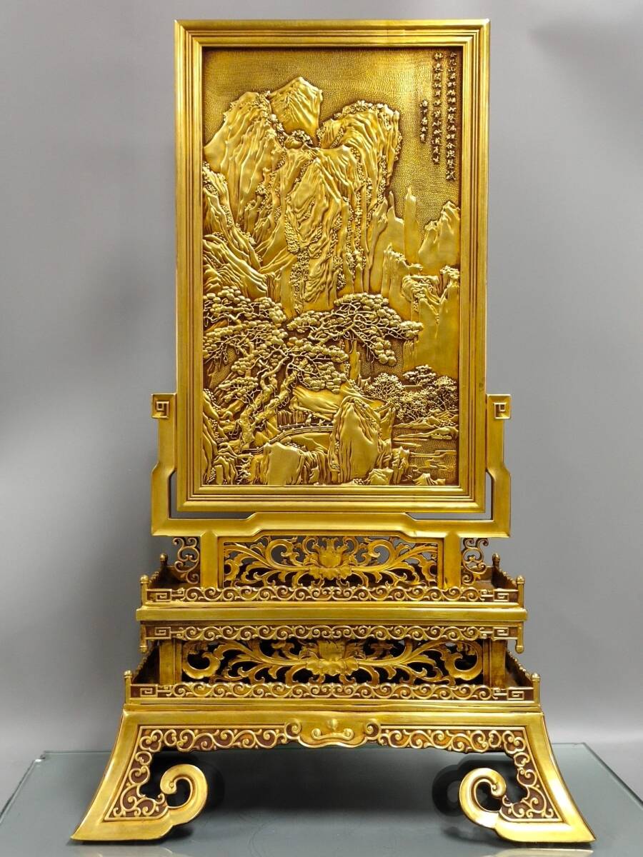 旧蔵 明 永樂年製 紫銅 塗真金 精工打造 高浮雕 山水百福圖 大屏風 金多 古銅 銅製品 銅器 希少珍品 人間國寶 中国古美味 L1011 その他