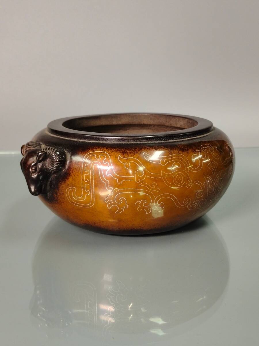 紫泥香炉 紫砂壺 茶道具 香道具 装飾品 工芸品 美術品 置物 旧蔵 清 紫銅 塗真金 手工つねる銀絲 雙羊頭耳 香爐 置物 香道具