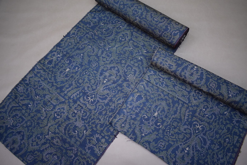 【凛々】17H　新古品 正絹 紬 反物 裁ち切り済み 紺緑系　未仕立て品