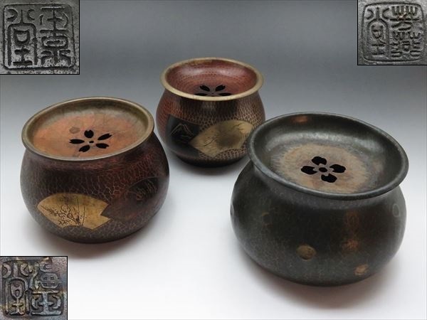 ◆◇芳燕堂 海玉堂 玉泉堂 建水 茶こぼし 大鎚目 松竹梅文 山水文 銅製 茶器 茶道具 計3点◇◆