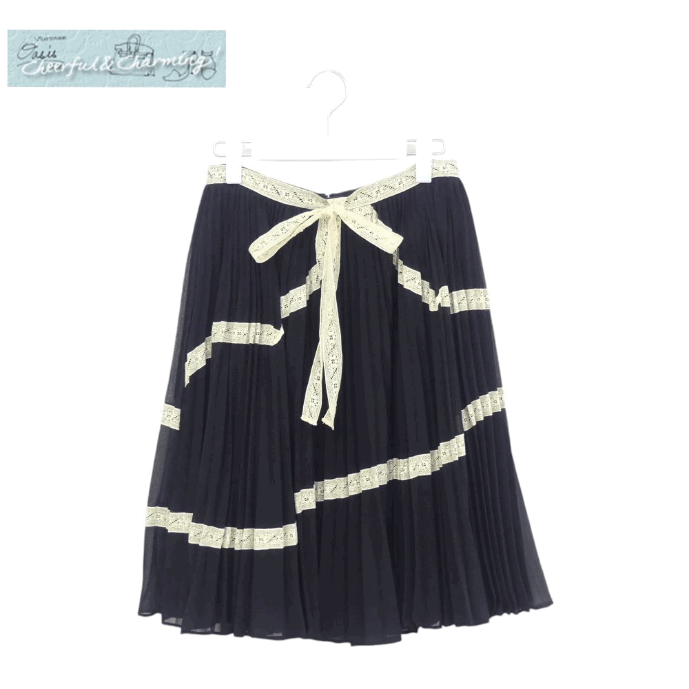 RED VALENTINO プリーツスカート 38 ブラック×アイボリーレース ポリエステル