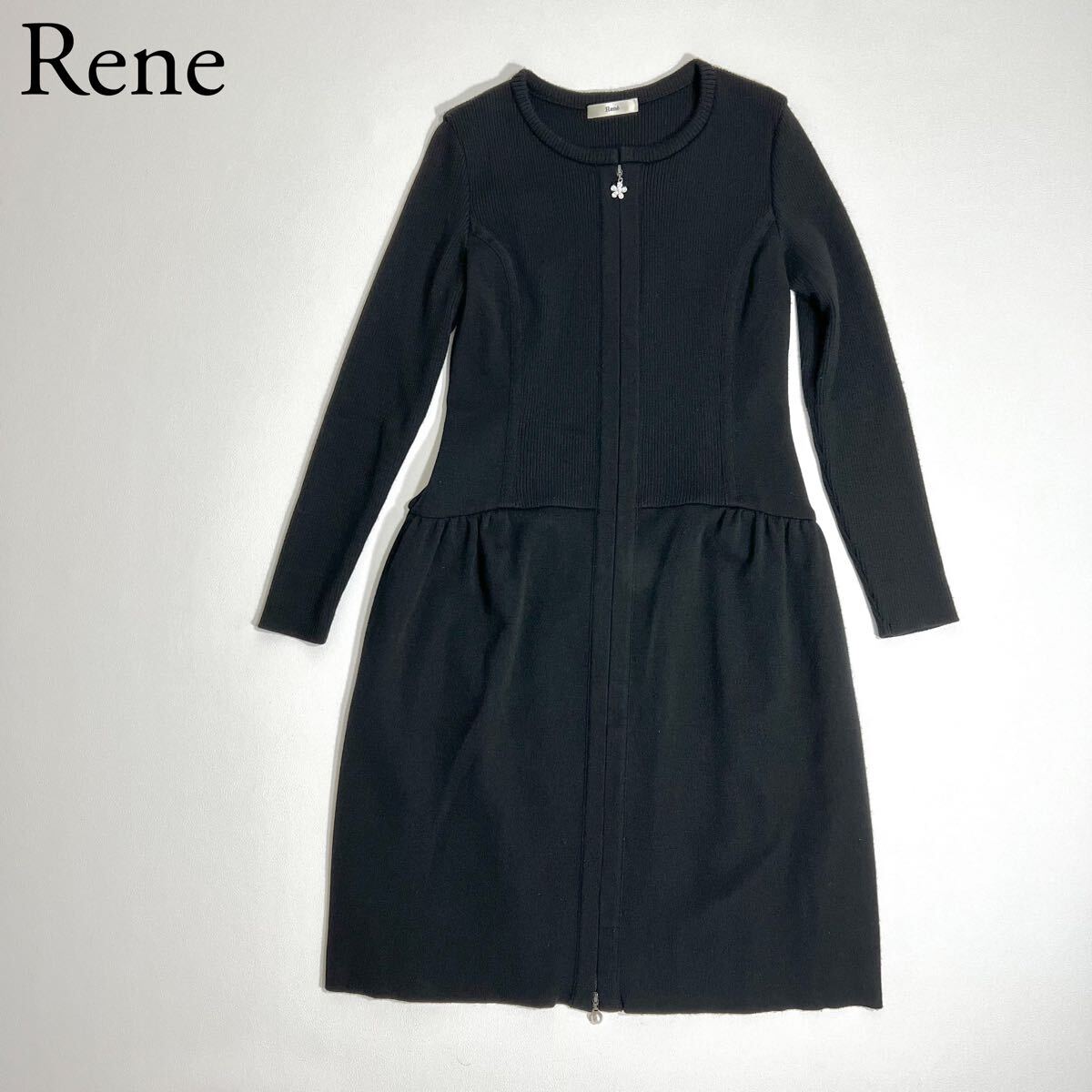 美品✨Rene ルネ パール付きニットフレアワンピース ロング丈 36 M相当 美品✨Rene ルネ パール付きニットフレアワンピース ロング丈 36