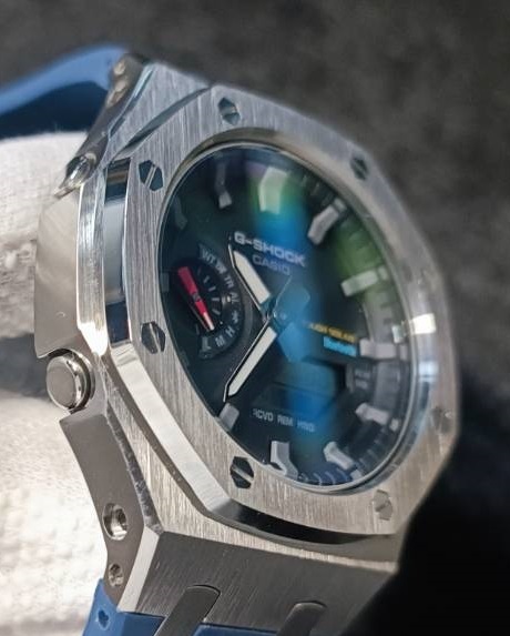  серебряный синий GA2100 GA2110 GAB2100 GA-2100 Casio -k нержавеющая сталь metal частота custom металл кейс GSHOCK G амортизаторы G-SHOCKji- амортизаторы 