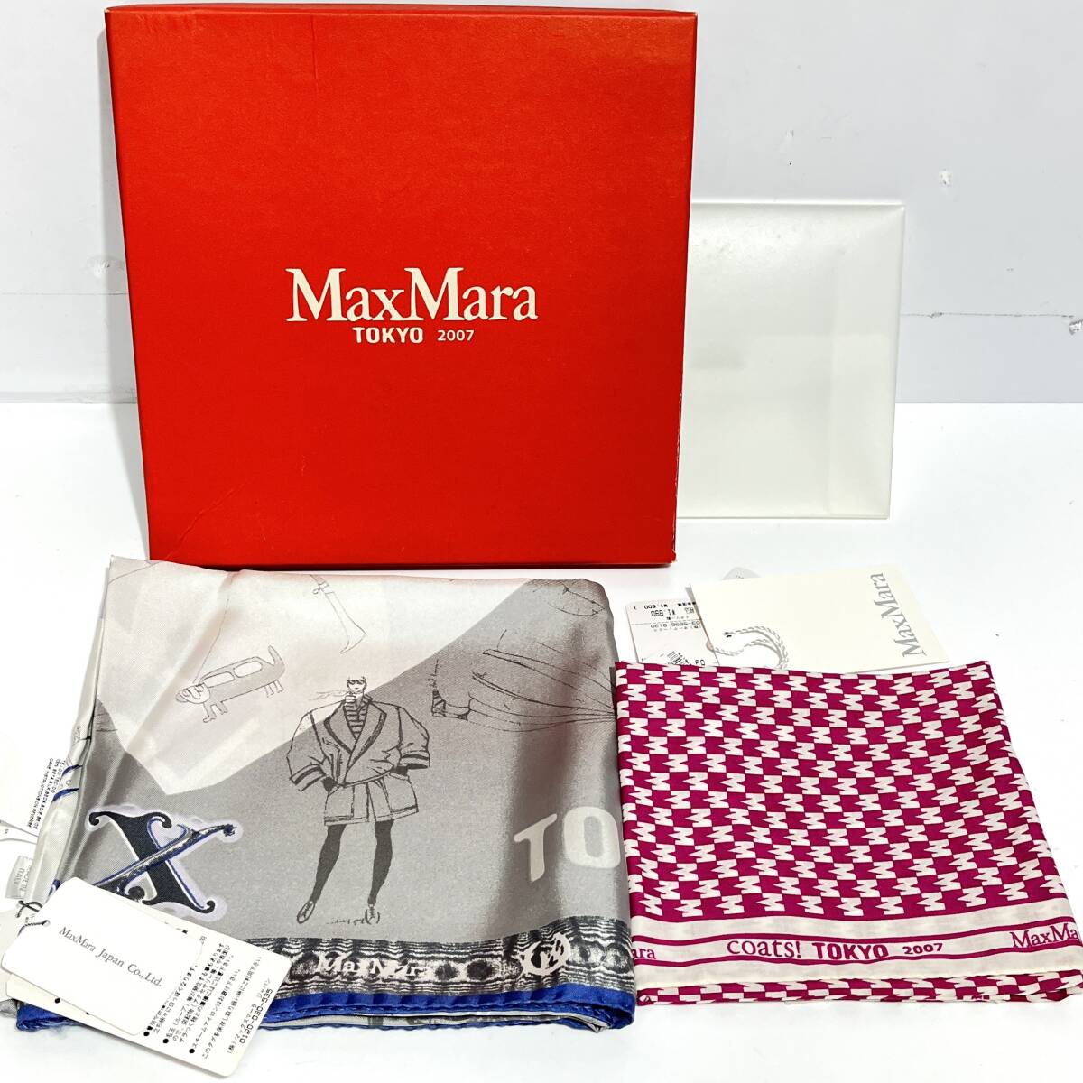 (志木)【未使用】MaxMara/マックスマーラ 東京 2007 綿100％ コットン ハンカチ 約44cm 絹100％ シルク スカーフ 約89cm 2点セット (o)