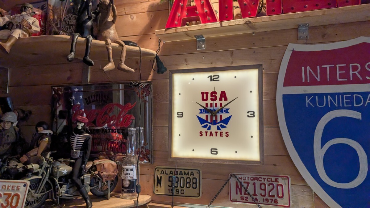 壁掛け時計★パムクロック★ユナイテッドステイツ★USA★ガレージアイテム★LEDライトアップ★ネオンサイン★BAR★アメリカン雑貨