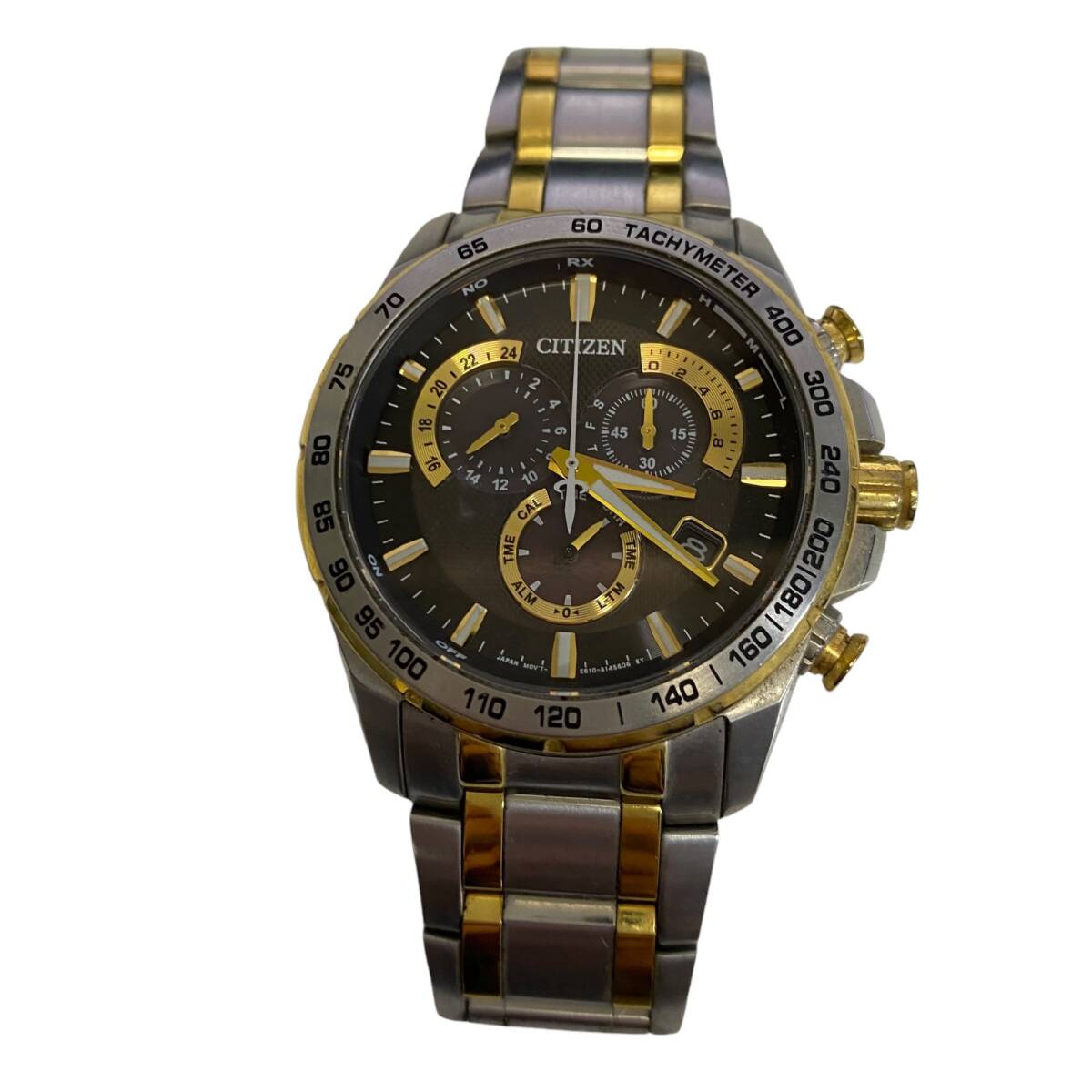 【中古品】 CITIZEN シチズン エコドライブ クロノグラフ E610-S104840 文字盤ブラック メンズ腕時計 電波時計 ソーラー 本体のみ L74330RD