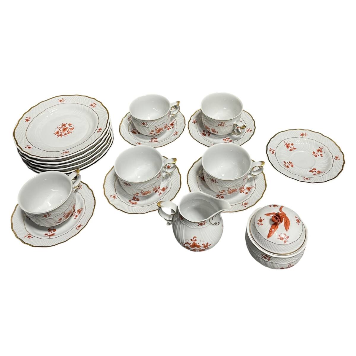 ◆中古品/一部欠け有◆HOLLOHAZA ホロハーザ カップ 5客 ソーサー 6枚 皿 6枚 クリーマー シュガーポット おまとめ ハンガリー kyX12010NK