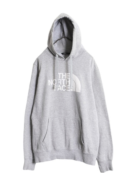 ノースフェイス プリント スウェット フード パーカー メンズ M 古著 The North Face プルオーバー 里起毛 トレーナー アウトドア 薄手 灰