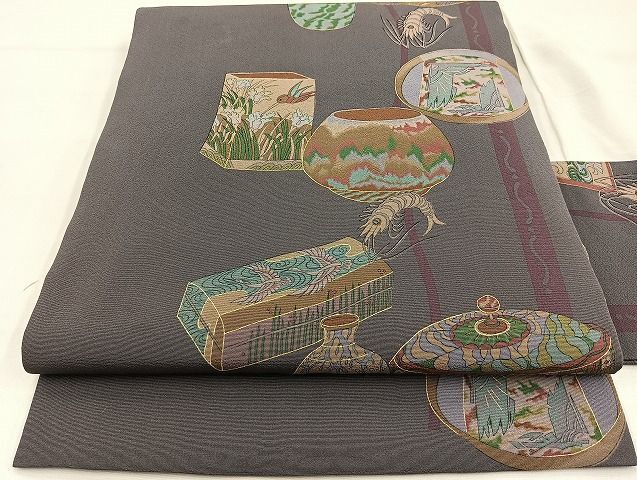 平和屋野田店◎九寸名古屋帯　花鳥陶器文　海老　金彩　逸品　BAAK6032cm