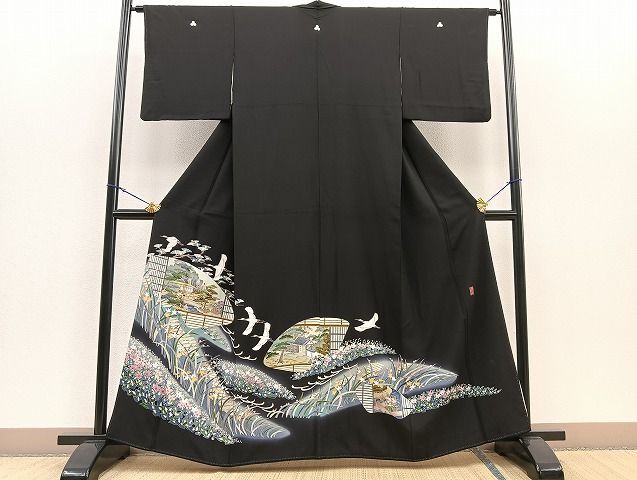 平和屋着物■豪華黒留袖　作家：龍昇　風景飛鶴文　暈し染め　金彩　逸品　BAAI4849yc