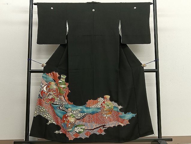 平和屋着物■豪華黒留袖　駒刺繍　陶器花鳥文　金彩　逸品　BAAJ4346hj
