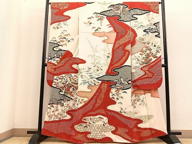 平和屋着物■豪華振袖　絞り　駒刺繍　松竹梅　飛鶴花文　金彩　逸品　BAAK0866hv