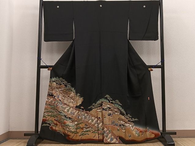 平和屋着物■豪華黒留袖　作家物　手描き　渡橋人物風景文　暈し染め　金銀彩　逸品　BAAJ7058sa