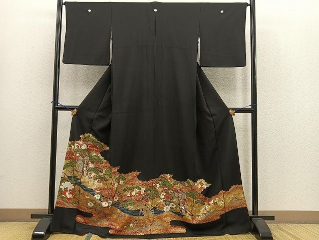 平和屋着物■豪華　黒留袖　雲隠れ御所車花文　松竹梅　金彩　逸品　BAAK0736ph