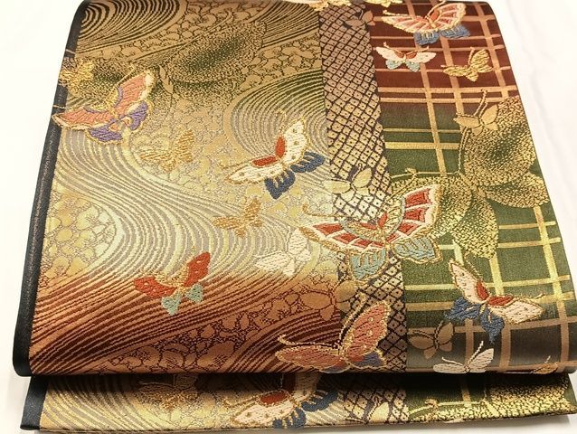 平和屋-こころ店◎六通柄袋帯　唐織　舞蝶文　金糸　正絹　逸品　未使用　AAAK6573Bsa