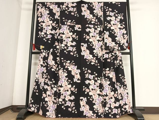 平和屋-こころ店■小振袖　二尺袖　蘭　黒地　正絹　逸品　未使用　AAAK7029Bzg