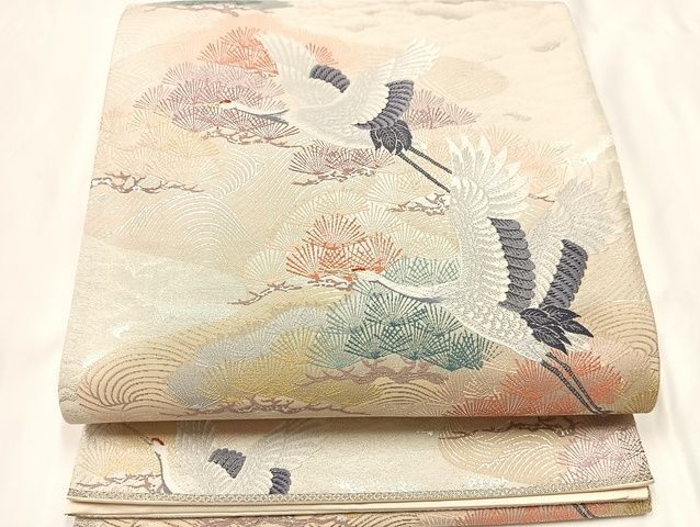 平和屋-こころ店◎六通柄袋帯　雲海松鶴文　金銀糸　正絹　逸品　AAAK6538Bsa