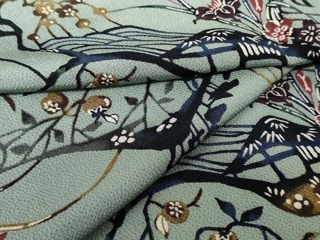 平和屋-こころ店■上質な小紋　単衣　型染め　風景枝花文　鬼しぼ縮緬　正絹　逸品　AAAL1007Acs