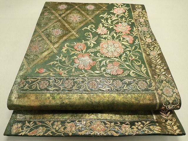平和屋2■六通柄袋帯　格天井花唐草文　金糸　引箔　逸品　DAAI0567fe