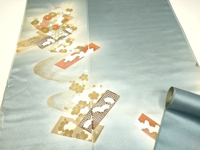 平和屋-こころ店■付下げ　反物　着尺　駒刺繍　流水短冊花文　暈し染め　金彩　正絹　逸品　未使用　AAAL5829Aay