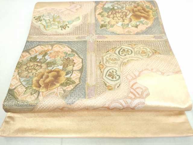 平和屋2■中国三大刺繍　スワトウ刺繍　汕頭刺繍　総刺繍　太鼓柄袋帯　格子草花文　金銀彩　逸品　DAAH3535ar