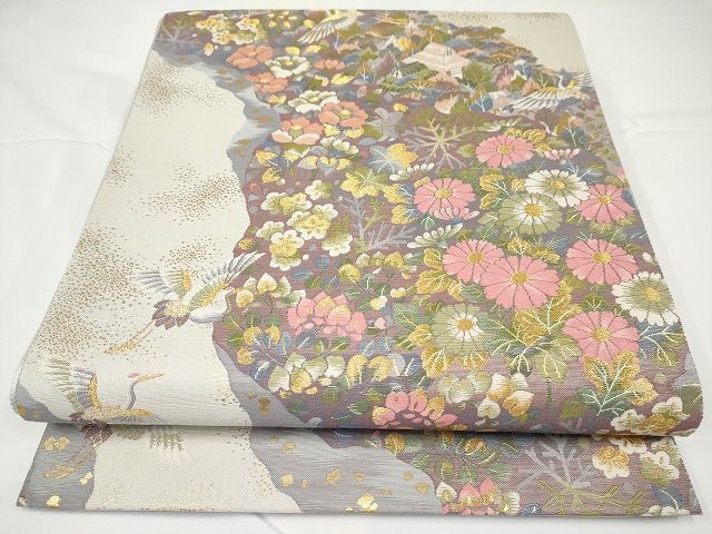 平和屋-こころ店◎六通柄袋帯　道長飛鶴花文　金糸　正絹　逸品　未使用　AAAK2985Atn