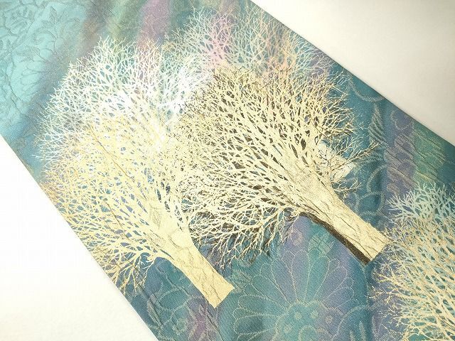 平和屋1■博多織　鵬翔　六通太鼓柄袋帯　膨れ織　霞草木文　金彩　逸品　未使用　CAAG3092eg