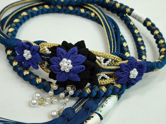 平和屋1■和装小物　振袖用帯締め　飾り付き　つまみ細工　菊　パール　色花金　撚り房　紺瑠璃×金　逸品　未使用　CAAH2583ju