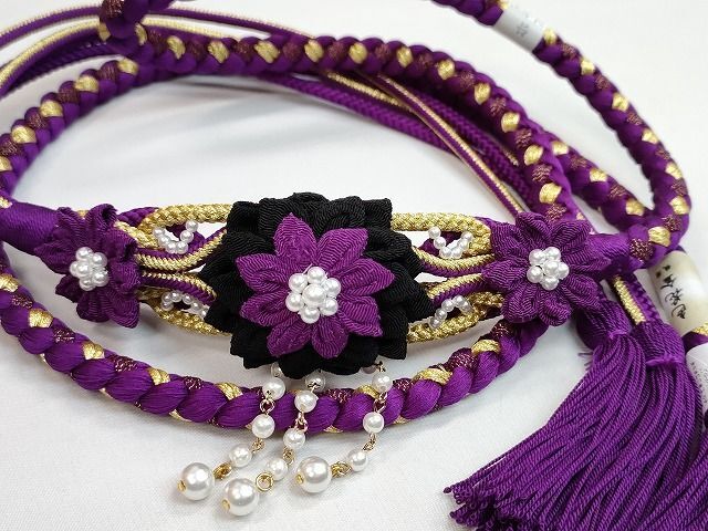 平和屋1■和装小物　振袖用帯締め　飾り付き　つまみ細工　菊　パール　色花金　撚り房　本紫×黒×金　逸品　未使用　CAAH2579ju
